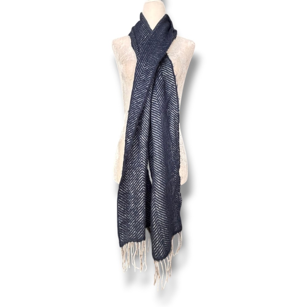 Pronto Uomo Navy Blue Herringbone Fringe Scarf Unisex Classic Preppy Wrap